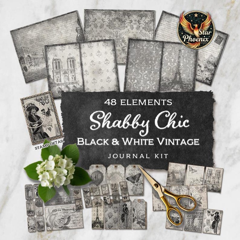 Black White Shabby Chic Junk Journal Kit, Vintage Ephemera (PDF & PNG ...