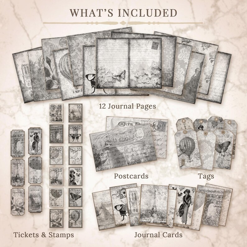 Black White Shabby Chic Junk Journal Kit, Vintage Ephemera (PDF & PNG ...