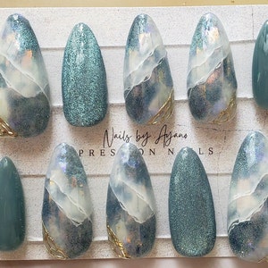 Gemstone nails, magnetic nails, blue nails, Aurora nails, press on nails, hand painted nails