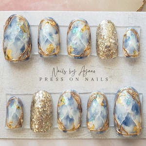 Hand painted gemstone press on nails, grean, marble, gold,glitter nails