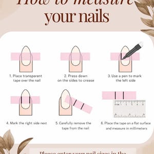 Puede incluir: Una gu&iacute;a instructiva sobre c&oacute;mo medir las u&ntilde;as para el arte de u&ntilde;as. La imagen muestra un proceso paso a paso utilizando cinta adhesiva y una regla para medir en mil&iacute;metros. El texto incluye "C&oacute;mo medir tus u&ntilde;as."