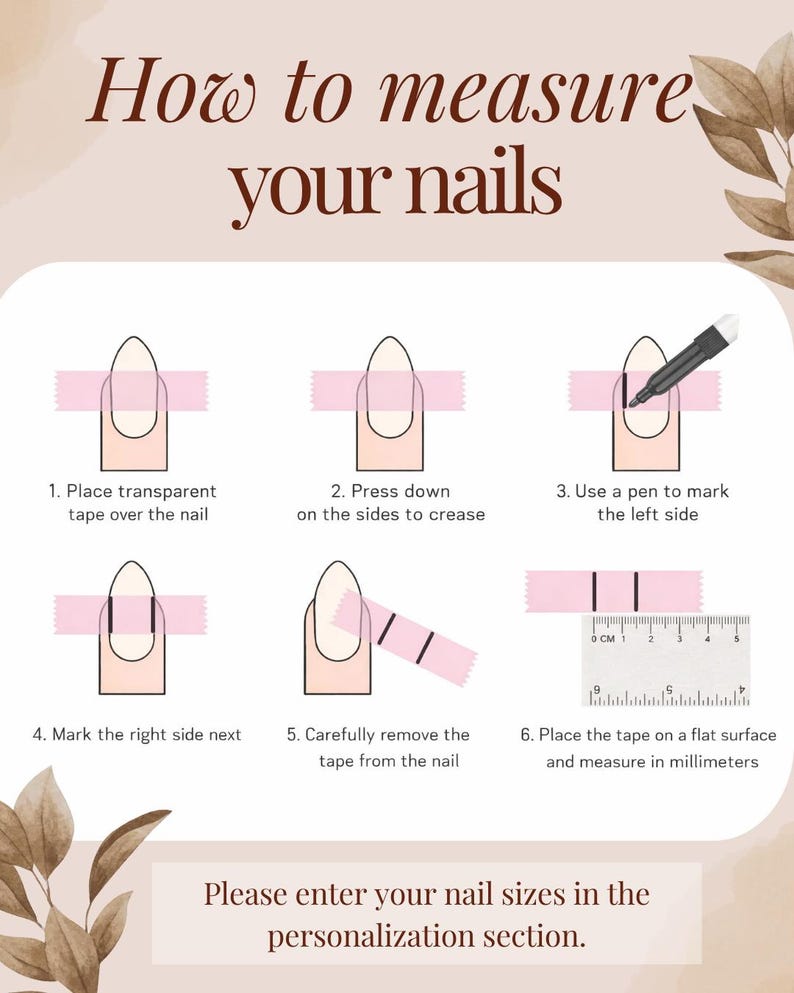 Puede incluir: Una gu&iacute;a instructiva sobre c&oacute;mo medir las u&ntilde;as para el arte de u&ntilde;as. La imagen muestra un proceso paso a paso utilizando cinta adhesiva y una regla para medir en mil&iacute;metros. El texto incluye "C&oacute;mo medir tus u&ntilde;as."