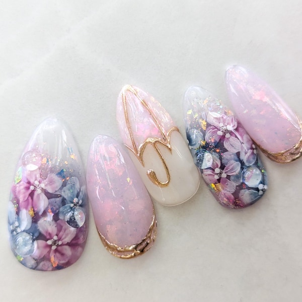 Hydrangea & Umbrella Nails – Soft Aurora Purple for Rainy Days , Handpainted