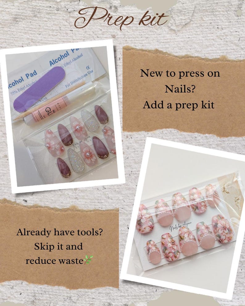 Puede incluir: Un collage con u&ntilde;as postizas y un kit de preparaci&oacute;n. Las u&ntilde;as muestran dise&ntilde;os florales, purpurina y varios tonos de rosa y morado. El kit incluye una almohadilla con alcohol, una lima de u&ntilde;as y un empujador de cut&iacute;culas. El texto en la imagen dice "Prep kit."