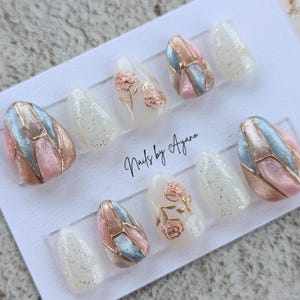 Stained Glass Inspired Cat Eye Press On Nails with Rose Design | Handmade Elegant Nails