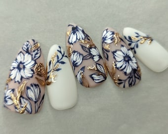 Handpainted flower nails, press on nails, blue flower, matte nails, Chrome nails