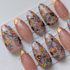 Hand Painted Flower Press On Nails, Chrome & Glitter Shimmer, Stained Glass Style