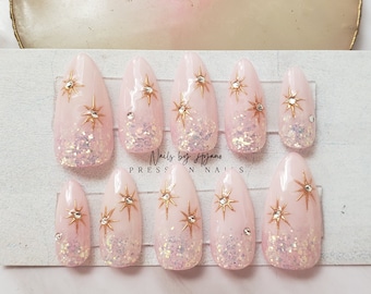 Custom hand painted press on nails, starry nails, Aurora nails, White nails, glitter nails,crystal diamond nails