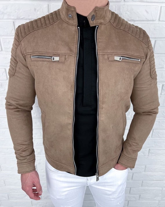 Benutzerdefinierte beige Wildleder Motorrad Bomber Biker Slim Fit