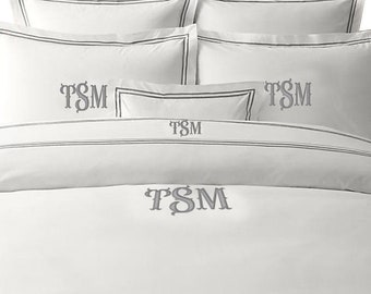 Personalized Monogram 400 TC White Cotton Sateen Hotel Stitch Duvet Cover Set in Double Embroidery Border 1 Duvet Cover and 2 Pillow Sham