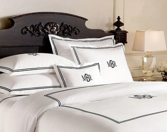 Monogram 400 TC White Cotton Sateen Hotel Stitch Duvet Cover Set in Double Embroidery Border 1 Duvet Cover and 2 Pillow Sham or Euro Sham