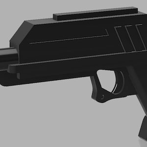 May include: A black plastic toy gun with a futuristic design. The gun has a barrel, a handle, and a trigger.