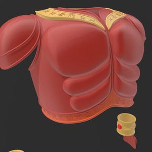 May include: A red, stylized chest armor piece with gold accents and inscriptions. The armor features rounded forms and a segmented design, with a detached cylindrical piece. The overall aesthetic suggests a historical or fantasy theme.