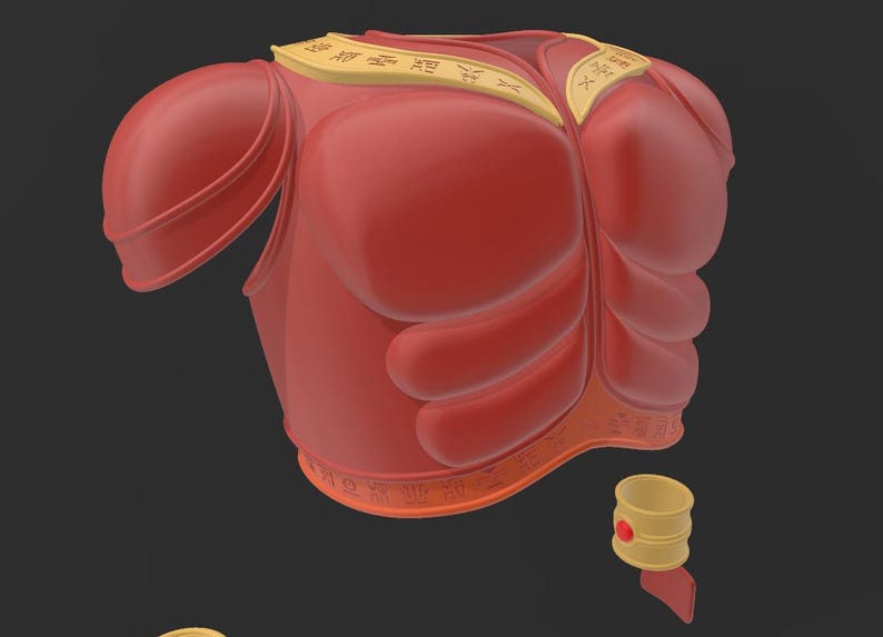May include: A red, stylized chest armor piece with gold accents and inscriptions. The armor features rounded forms and a segmented design, with a detached cylindrical piece. The overall aesthetic suggests a historical or fantasy theme.