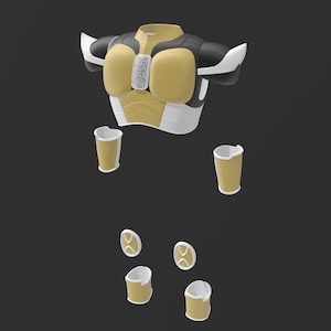 May include: A yellow, black, and white futuristic armour set, including a chest piece, shoulder pads, arm guards, and knee pads. The chest piece has a silver emblem. The armour is designed with a sleek, angular aesthetic.