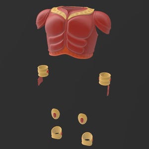 May include: A red and gold fantasy armor set, including a chest piece, shoulder pads, wrist cuffs, and knee pads. The chest piece has a detailed design with gold trim. The armor is designed for a fantasy or cosplay theme.
