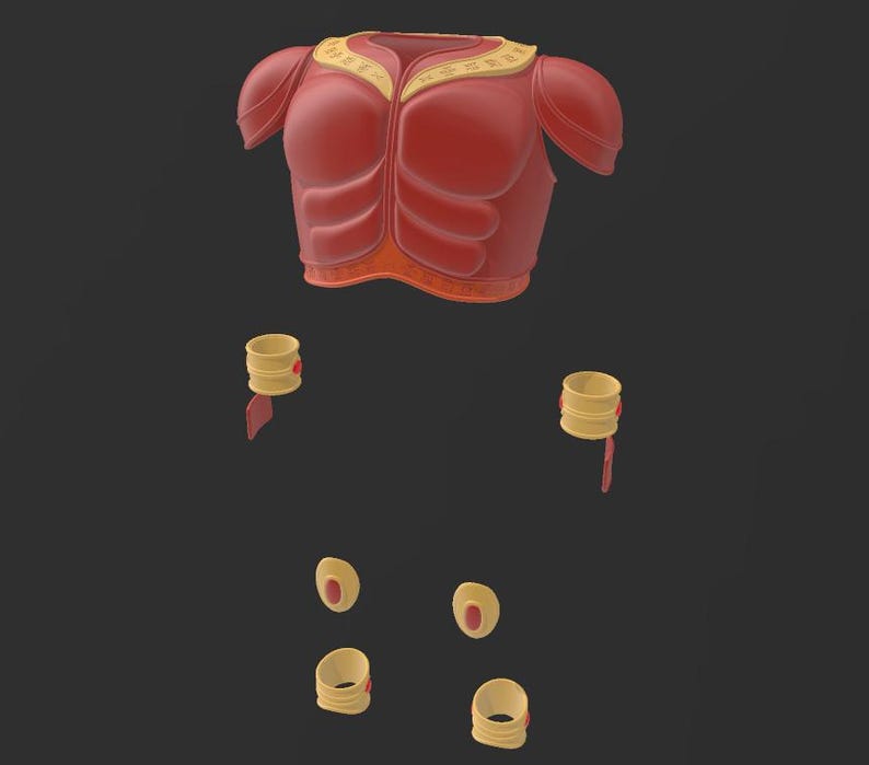 May include: A red and gold fantasy armor set, including a chest piece, shoulder pads, wrist cuffs, and knee pads. The chest piece has a detailed design with gold trim. The armor is designed for a fantasy or cosplay theme.