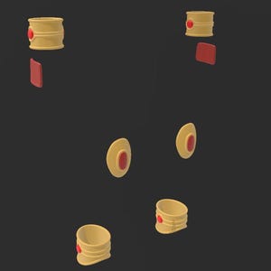 May include: A collection of stylized, 3D-rendered objects. The objects include cylindrical shapes with a red accent, along with red rectangular and circular elements. The color palette is primarily beige and red against a dark gray background.