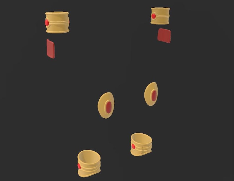 May include: A collection of stylized, 3D-rendered objects. The objects include cylindrical shapes with a red accent, along with red rectangular and circular elements. The color palette is primarily beige and red against a dark gray background.