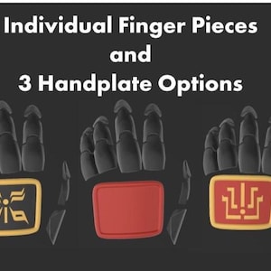 May include: Image of black finger pieces and three handplate options. The handplates are red and gold with various designs. Text at the top reads "Individual Finger Pieces and 3 Handplate Options."