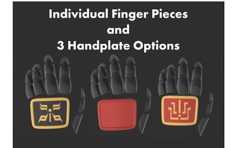 May include: Image of black finger pieces and three handplate options. The handplates are red and gold with various designs. Text at the top reads "Individual Finger Pieces and 3 Handplate Options."
