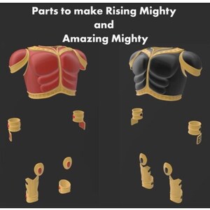 May include: Image shows parts to make Rising Mighty and Amazing Mighty. Two sets of armor are displayed, one red and gold, the other black and gold. The sets include chest pieces, armbands, and leg guards, all with a stylized design.