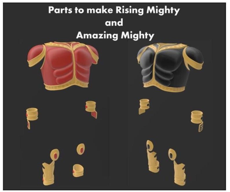 May include: Image shows parts to make Rising Mighty and Amazing Mighty. Two sets of armor are displayed, one red and gold, the other black and gold. The sets include chest pieces, armbands, and leg guards, all with a stylized design.