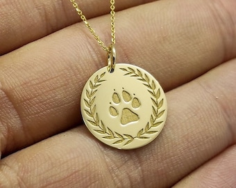 14K Solid Real Gold Pet Paw Pendant, Round Dog Paw Necklace, Dainty Gold Puppy Charm, Personalized Pet Paw Jewelry, Pet Owner Necklace Gift