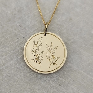Collana con ramo d&#39;ulivo in oro massiccio 14K, ciondolo a forma di albero d&#39;ulivo in oro, gioielli personalizzati in foglia greca, collana con moneta ramo, ciondolo a foglia ramo