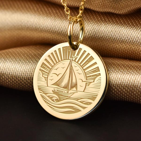 14K Solid Gold Sailboat Necklace: Nautical Maritime Pendant