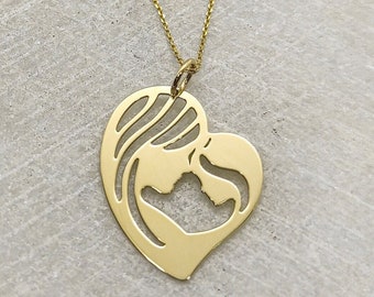 14K Solid Gold Mother and Daughter Necklace, Mother's day Gift, Dainty Gold Mother Daughter Pendant, Love Knot Necklace, Gold Heart Jewelry
