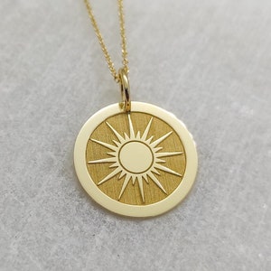 9K Solid Gold Sunshine Necklace, Dainty Layered Sunburst Coin Pendant, Personalized Sun Disc Jewelry, Gold Sunshine Charm, Sunburst Jewelry
