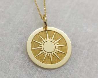 Real 14K Solid Gold Sun Necklace, Personalized Sun Pendant, Gold Coin Sunshine Charm, Layered Sun Pendant, Dainty Sun Jewelry, Sun Gold Disc