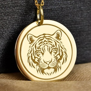14K Solid Gold Tiger Pendant, Engraved Tiger Head Jewelry, Personalized Wild Animal Charm, Gold Wild Tiger Gift Necklace, Wildlife Jewelry