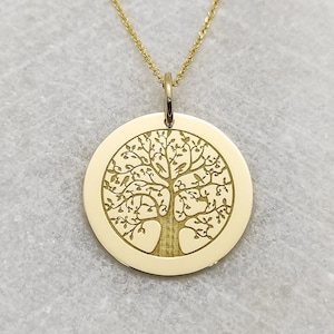 9K Solid Gold Tree Of Life Pendant, Engraved Tree Necklace, Personalized Family Tree Charm,  Gold Disc Tree Of Life Jewelry, Women Charm