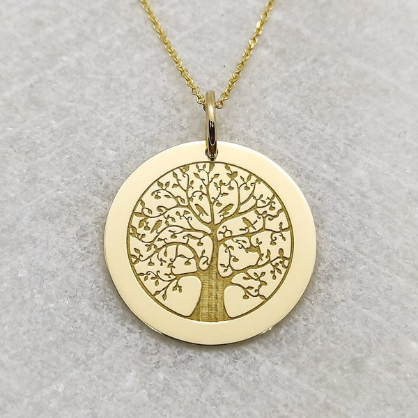 Collier arbre, arbre gravé, pendentif arbre de vie, collier arbre généalogique, pendentif en or massif 14 carats, pendentif personnalisé, breloque disque gravé