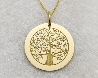 Tree Necklace, Engraved Tree, Tree Of Life Pendant, Family Tree Necklace, 14K Solid Gold Pendant, Personalized Pendant, Engraved Disc Charm
