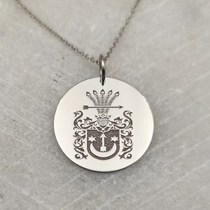14K Solid Gold Coat Of Arms Necklace, Gold Coin Jewelry, Gold Family Crest Necklace, Personalized Coat Of Arms Pendant, Engraved Necklace