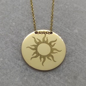9K Solid Gold Sun Pendant, Sun Rays Disc Necklace, Personalized Sunburst Jewelry, Engraved Sunshine Charm, Celestial Pendant, Sun Necklace image 1