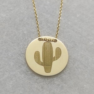 9K Solid Gold Cactus Pendant, Engraved Plant Cactus Necklace, Desert Jewelry, Saguaro Cactus Charm, Cactus Disc Pendant, Botanical Necklace