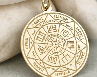 14K Gold Archangel Seal Necklace, Protection Medallion, Seal of Solomon Amulet, Spiritual Jewelry, Archangel Names Medal, King Solomon Sigil