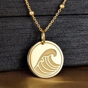 14K echte Solid Wave muntketting, Sea Lover-hanger, Ocean Waves Jewelry, Surfer Gift, Beach Wave Disc Charm, Custom Wave Choker-hanger