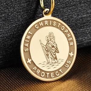 14K Solid Gold Saint Christopher Necklace, Biker Protection Charm, Christian Jewelry, Personalized St Christopher Pendant, Gift for Traveler