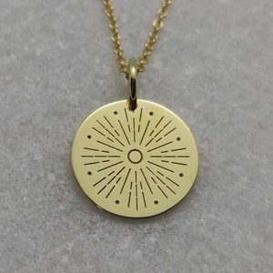 Real 14k Solid Gold Sun Necklace, Personalized Engraved Gold Sun Pendant, Gold Disc Sunshine Charm, Dainty Gold Necklace, Gold Layered Charm