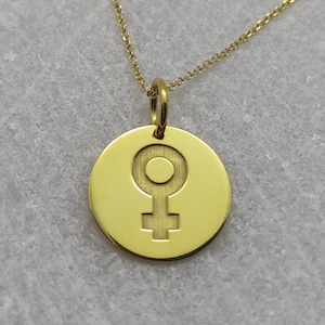 Feminist Pendant, 14K Gold Necklace, Feminism Charm, Woman Symbol Necklace, Personalized Pendant, Engraved Disc Charm, Gold Coin Necklace