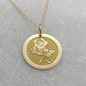 14K Real Solid Gold Rose Flower Necklace, Personalized Rose Pendant, Engraved Rose Flower Charm, Gold Disc Necklace Flower, Women Necklace