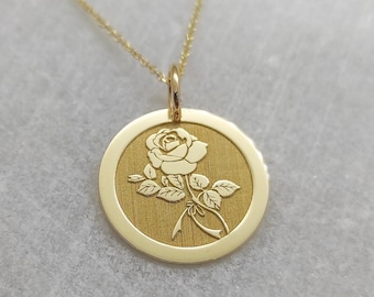 14K Real Solid Gold Rose Flower Necklace, Personalized Rose Pendant, Engraved Rose Flower Charm, Gold Disc Necklace Flower, Women Necklace