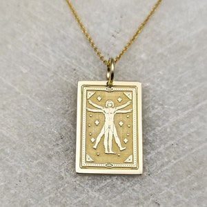 Collier rectangle homme de Vitruve en or 14 carats, pendentif célèbre de Vinci, bijoux peinture humaine de Vitruve, cadeau meilleur ami, breloque personnalisé