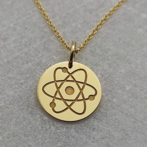 Atom Necklace, 14K Solid Gold Pendant, Science Charm, Chemistry Necklace, Scientist Gift, Engraved Atom, Physics Necklace, Gold Atom Charm