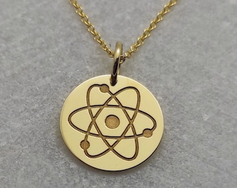 14K Solid Gold Atom Necklace, Engraved Science Pendant